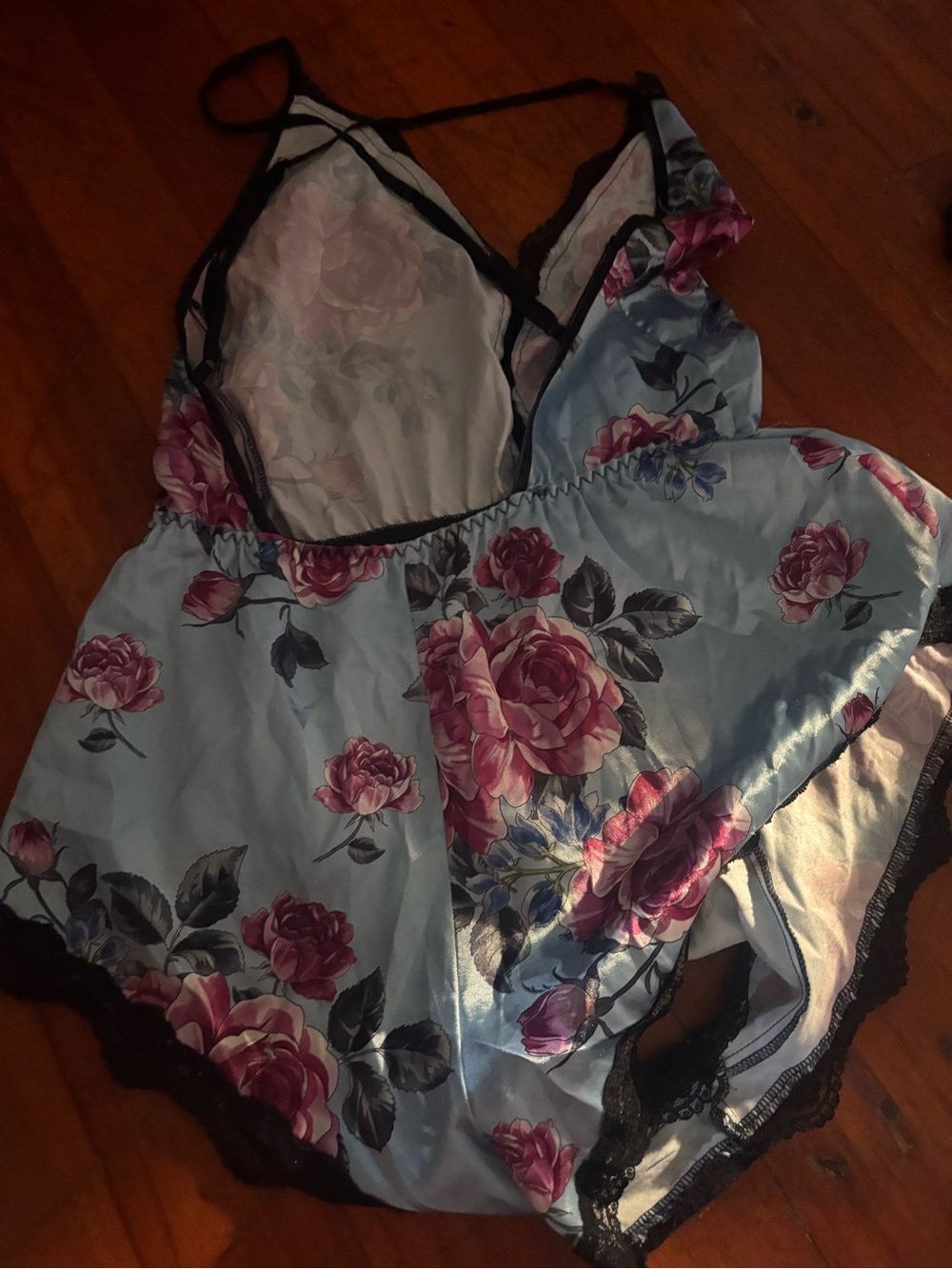Floral Satin Chemise with Black Lace Trim - Blue/Pink